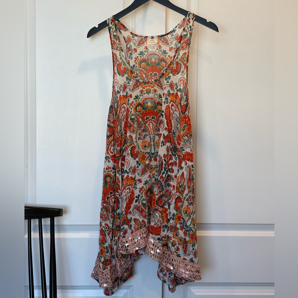 Free People One Paisley Sequin Shark Bite Hem Boho Slip Dress, Size M